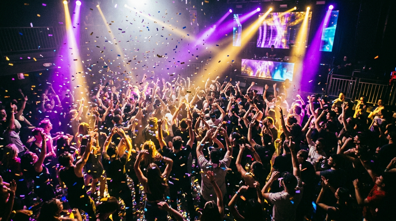 רחבת ריקודים מלאה באירוע עם תאורה צבעונית ואנרגיה של מסיבה