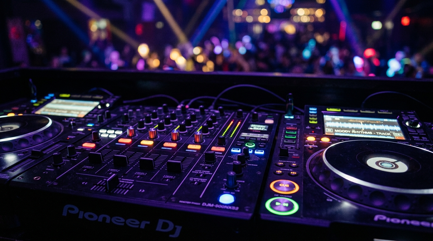 ציוד דיג'יי מקצועי כולל קונטרולר, מיקסר ותאורת LED צבעונית