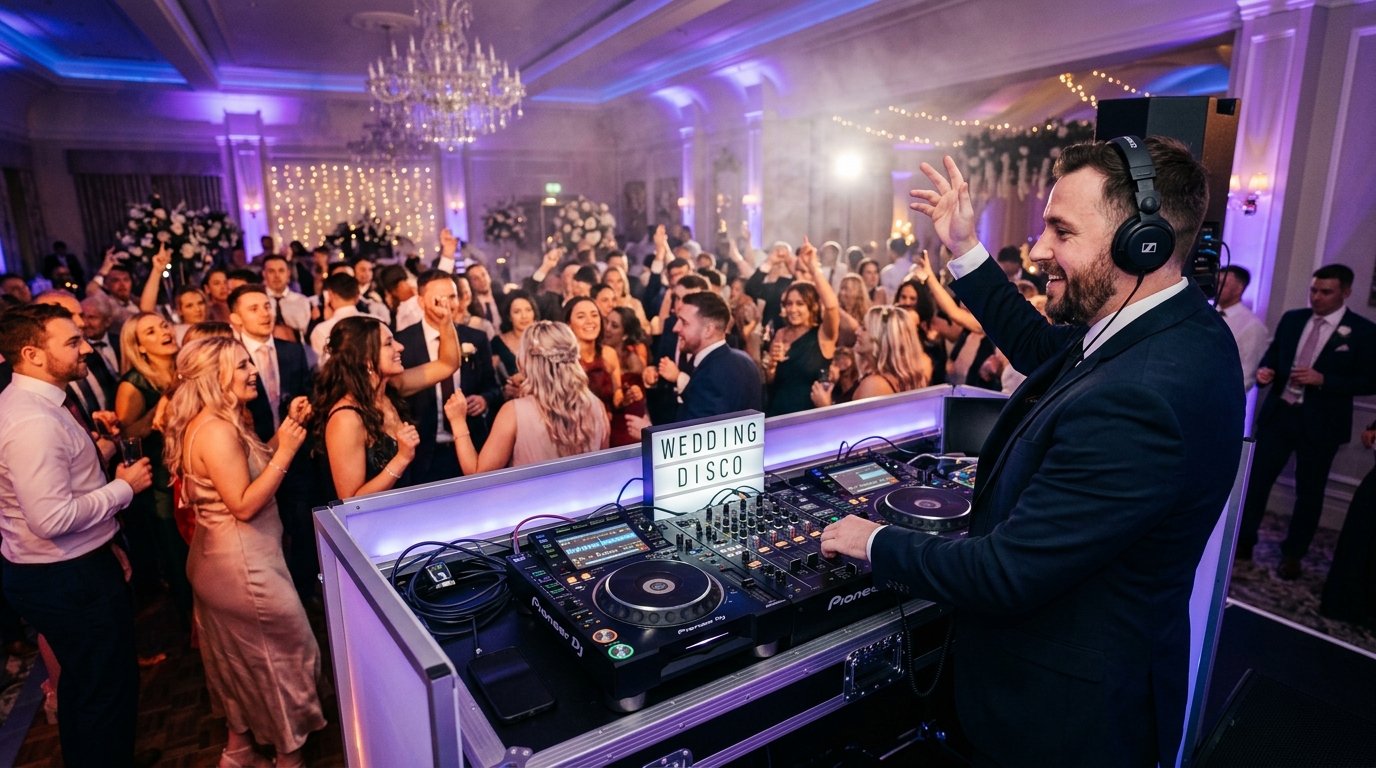 דיג'יי מקצועי מופיע באירוע חתונה עם רחבה מלאה ותאורה דרמטית