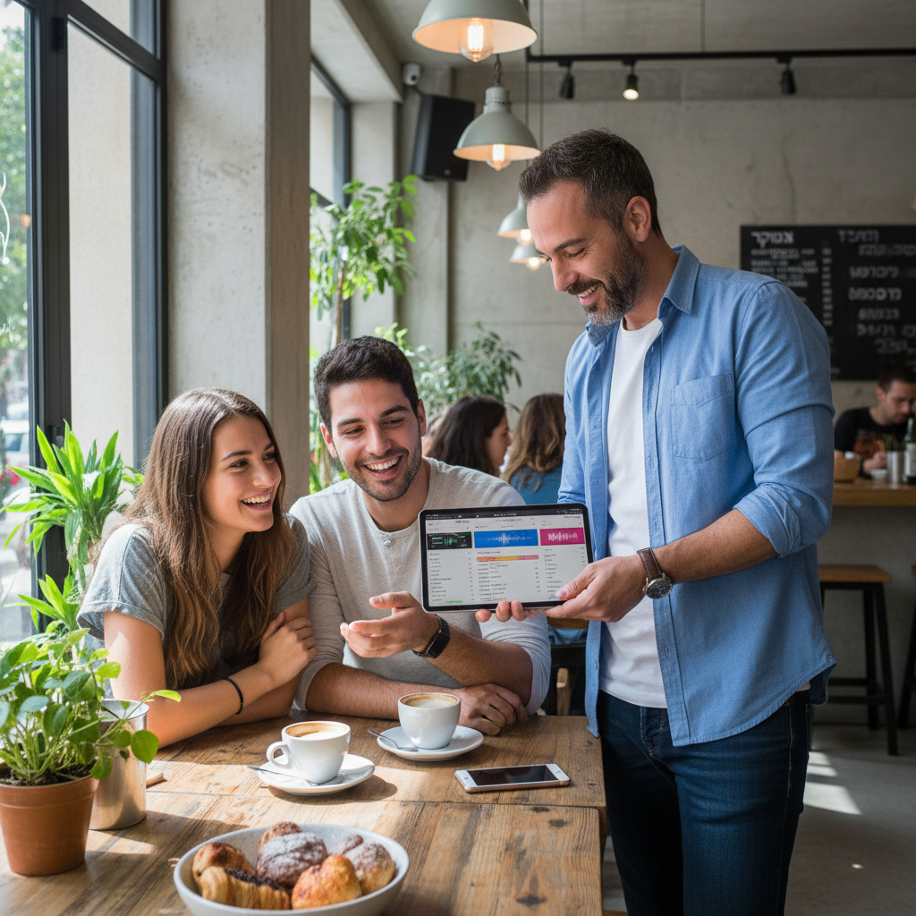 דיג'יי יושב עם זוג לפגישת תיאום לפני אירוע קטן ואינטימי